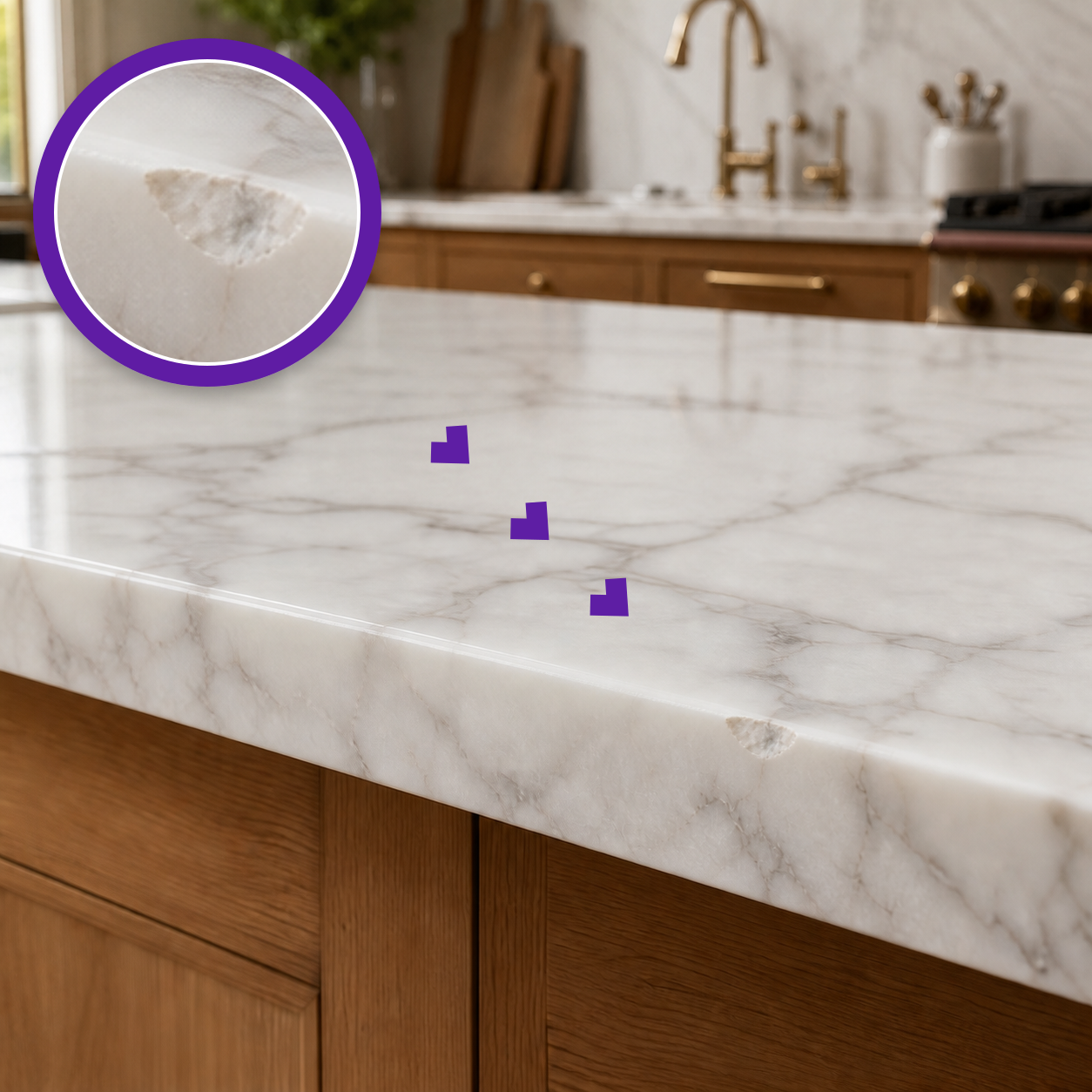 Small chip in a white marble countertop edge with a purple magnified close-up