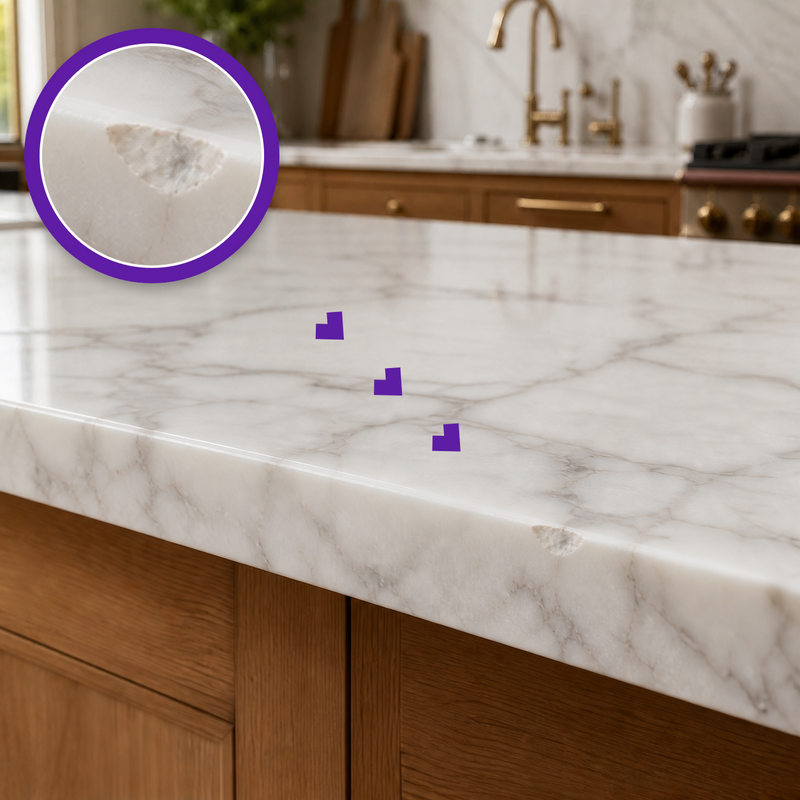 Small chip in a white marble countertop edge with a purple magnified close-up