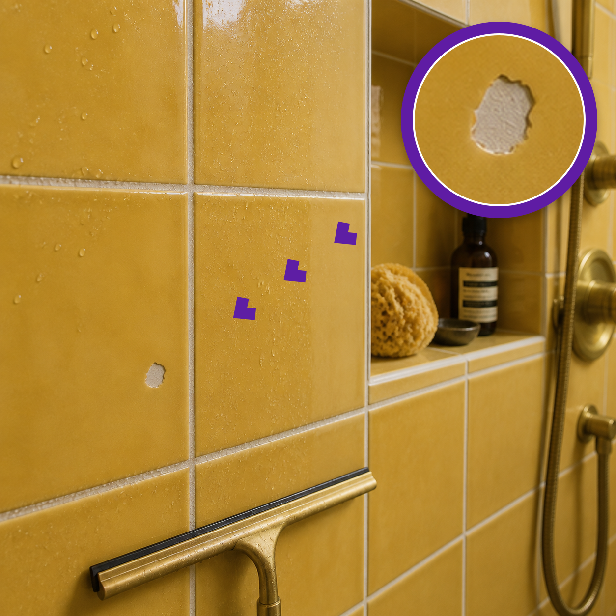 Small chip in a yellow shower tile with a purple damage magnifier