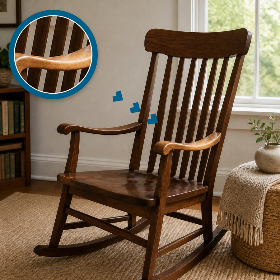 Sun-faded walnut rocking chair arm with a blue damage magnifier