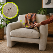 Natural diagonal rip in an oatmeal linen armchair with a matching magnified close-up and a hand lifting the throw away