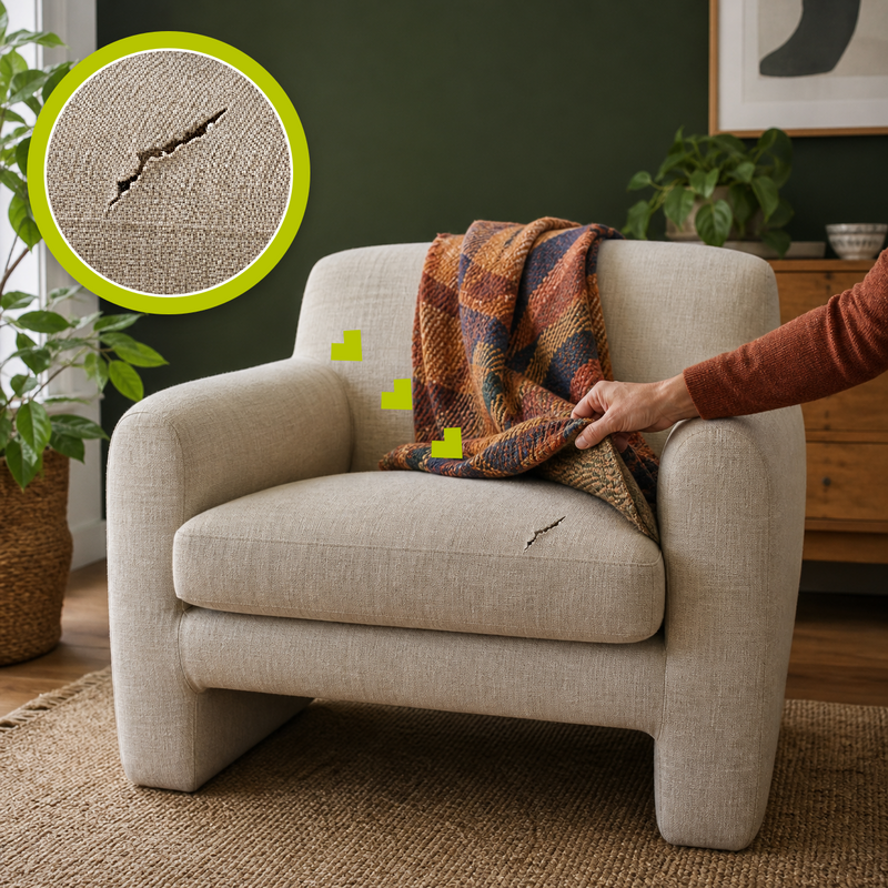 Natural diagonal rip in an oatmeal linen armchair with a matching magnified close-up and a hand lifting the throw away