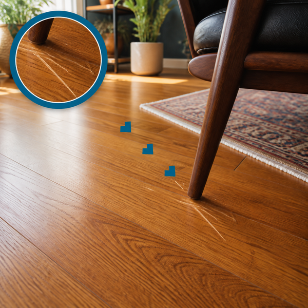 Scratches in a honey-oak hardwood floor beside a chair, with a magnified close-up of the damage