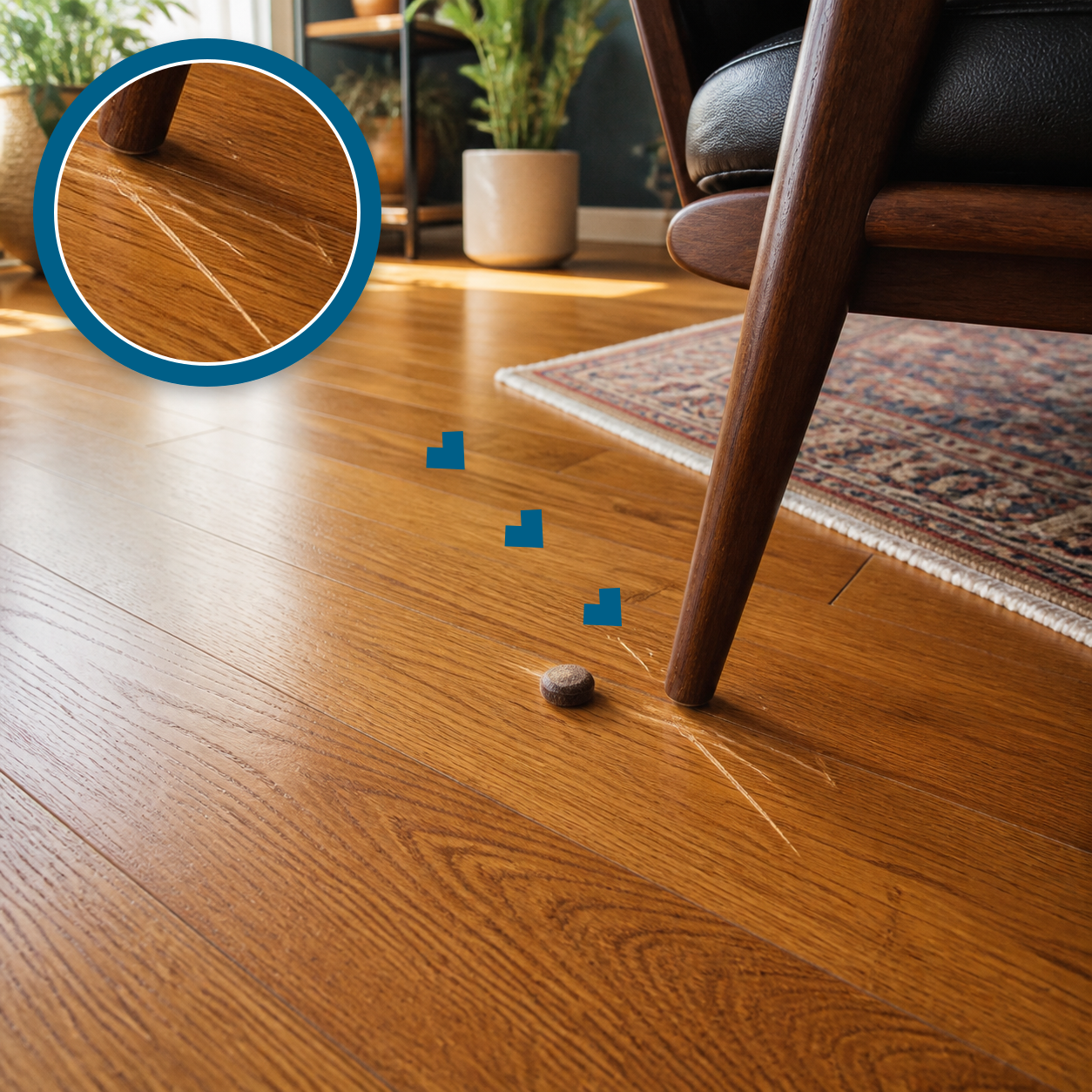 Shallow scratches in a honey-oak hardwood floor with a matching magnified close-up and a slipped felt furniture pad nearby