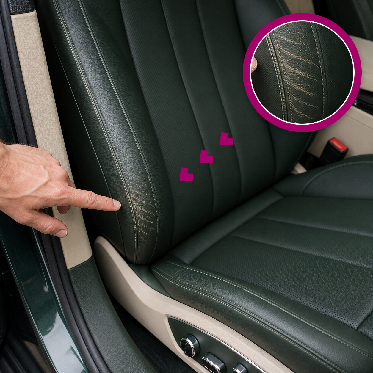 Localized pale scuffs on a green leather car seat bolster, with a matching magenta magnified close-up and a hand pointing.