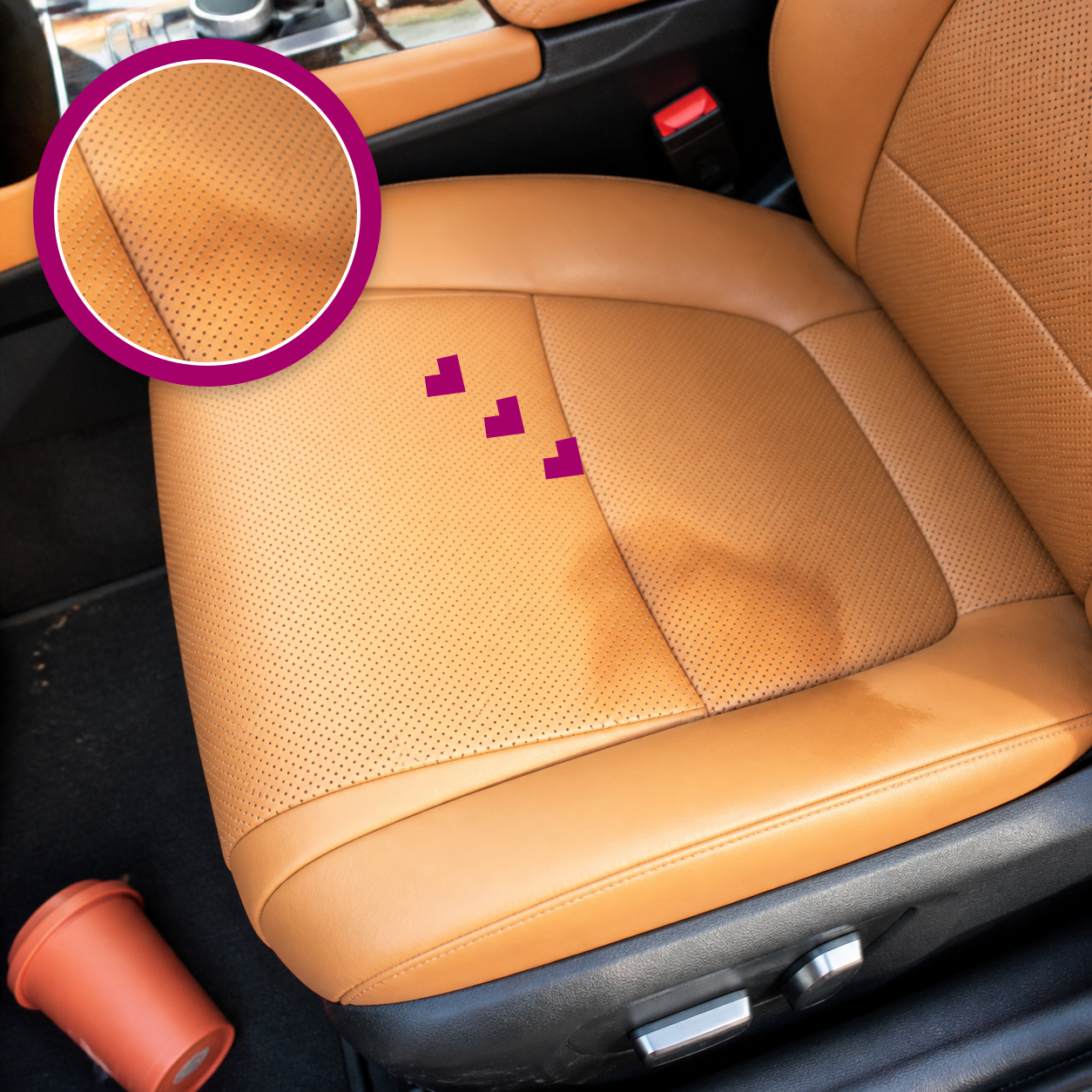 Irregular absorbed stain on a tan leather car seat, with a matching magenta magnified close-up and tipped coral cup nearby.