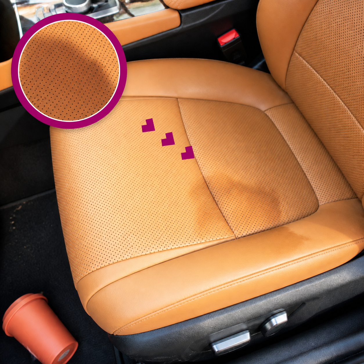 Irregular dark stain on a tan perforated leather car seat, highlighted with a matching magenta magnified close-up; a coral cup lies nearby.