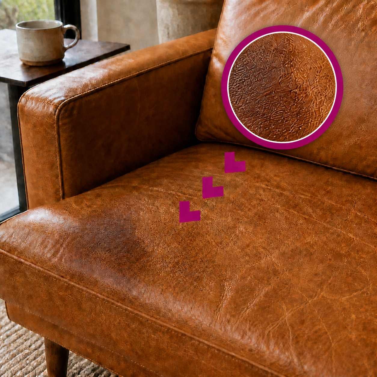 Dark absorbed stain on a cognac leather sofa cushion, highlighted with a matching magenta magnified close-up; a ceramic mug sits on a side table.