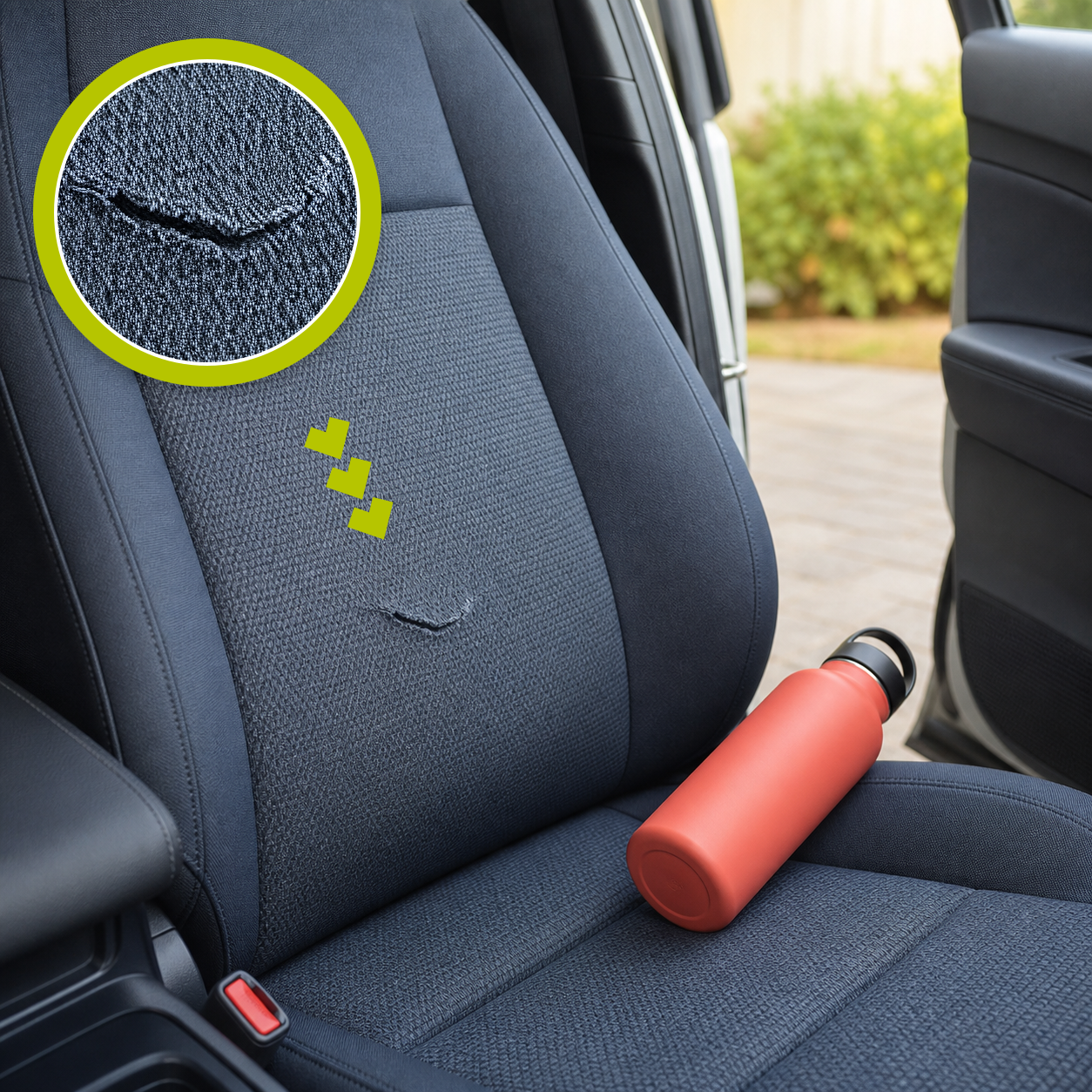 Natural single woven tear in a blue-gray cloth car seat with a matching magnified close-up and a coral water bottle nearby