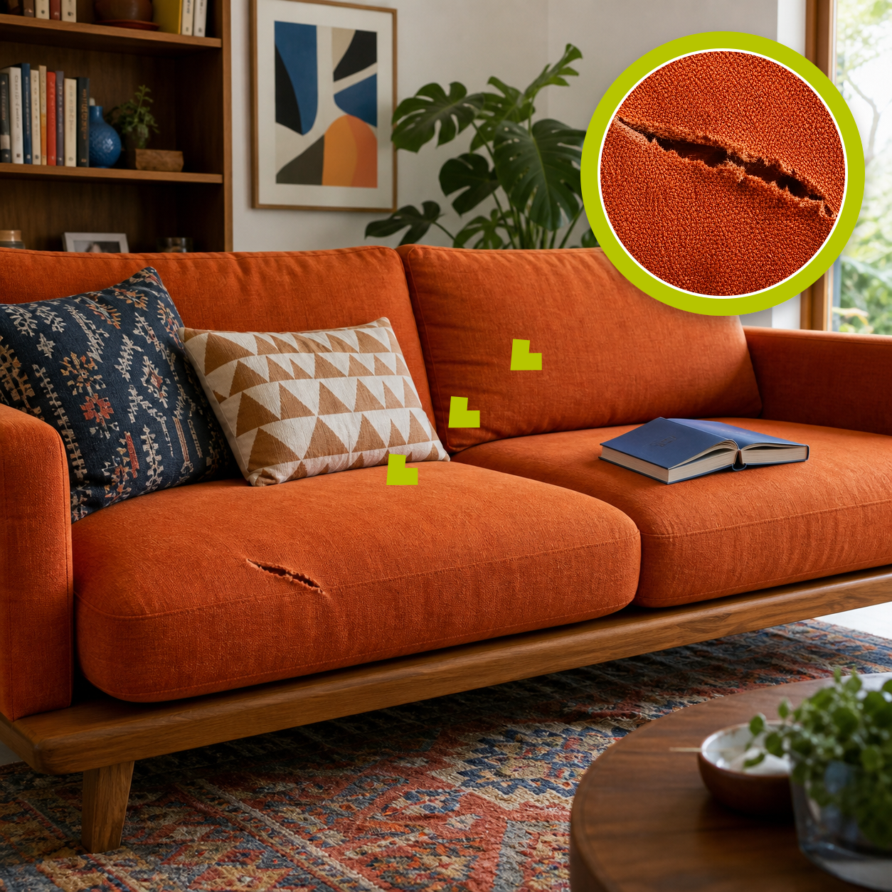 Natural tear in burnt-orange cotton couch upholstery with a matching magnified close-up and an open blue book nearby