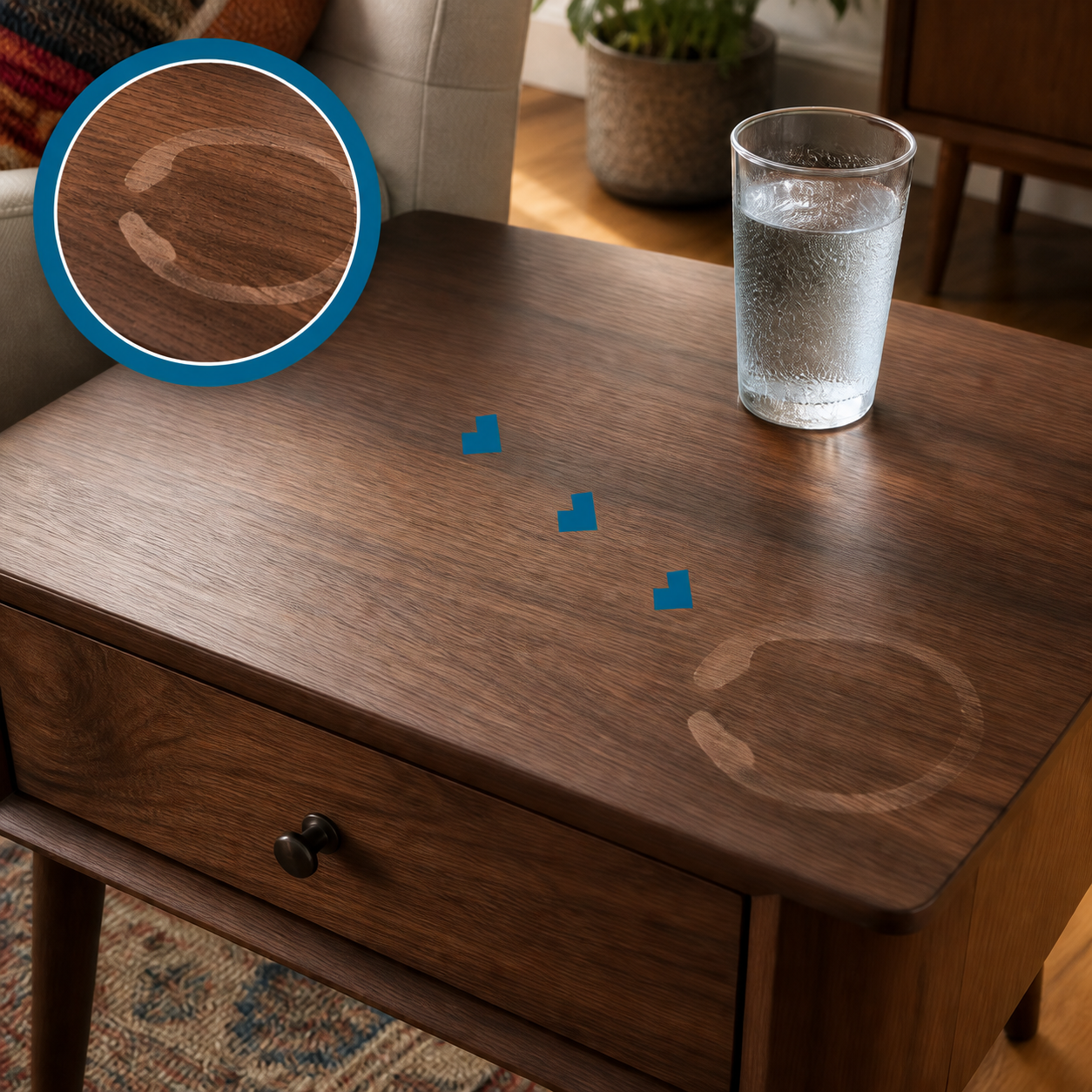 Water ring on a walnut side table with a matching moderately magnified close-up and a condensation-covered glass nearby
