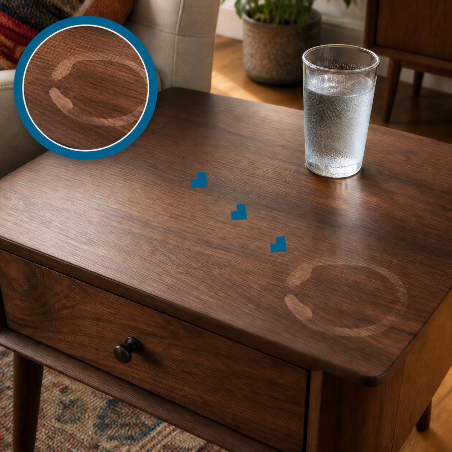 Water ring on a walnut side table with a matching moderately magnified close-up and a condensation-covered glass nearby
