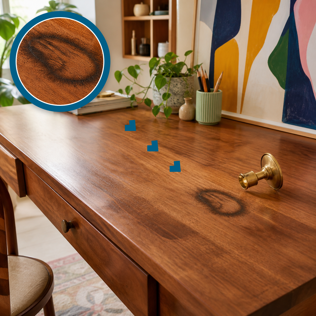 Heat-scorched burn mark on a walnut desk with a matching magnified close-up and a tipped brass candle holder nearby
