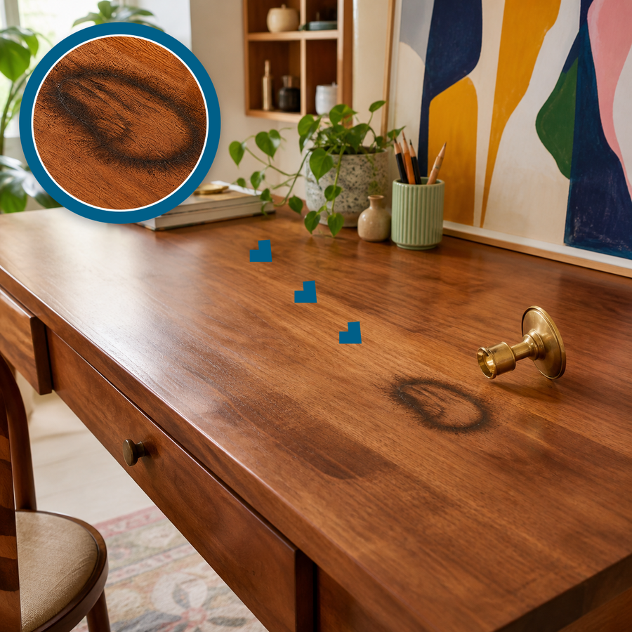 Heat-scorched burn mark on a walnut desk with a matching magnified close-up and a tipped brass candle holder nearby