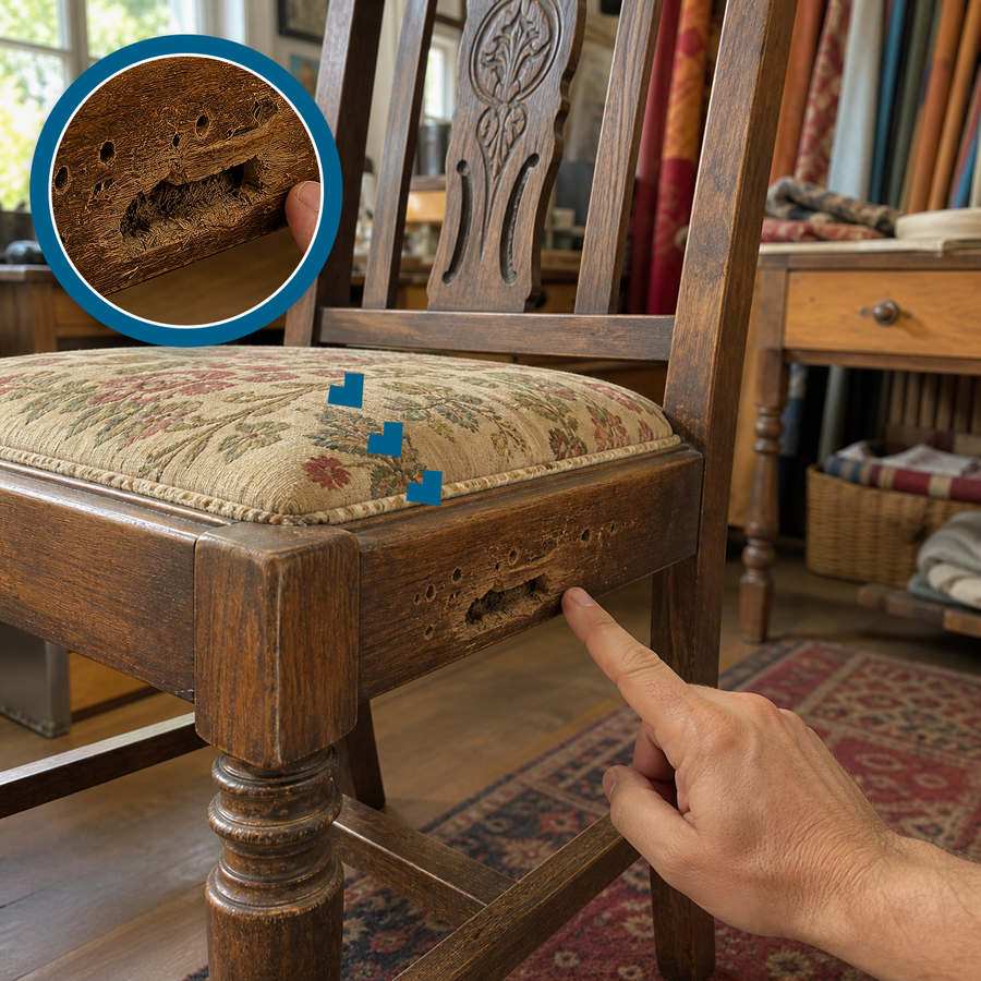 Old inactive woodworm damage in an oak chair rail with a matching magnified close-up and a hand pointing nearby