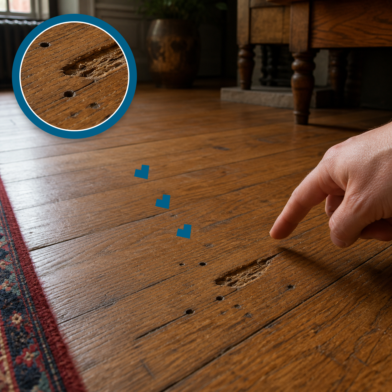 Old inactive woodworm holes and a fibrous pocket in an oak floorboard with an exact magnified close-up and a hand pointing nearby