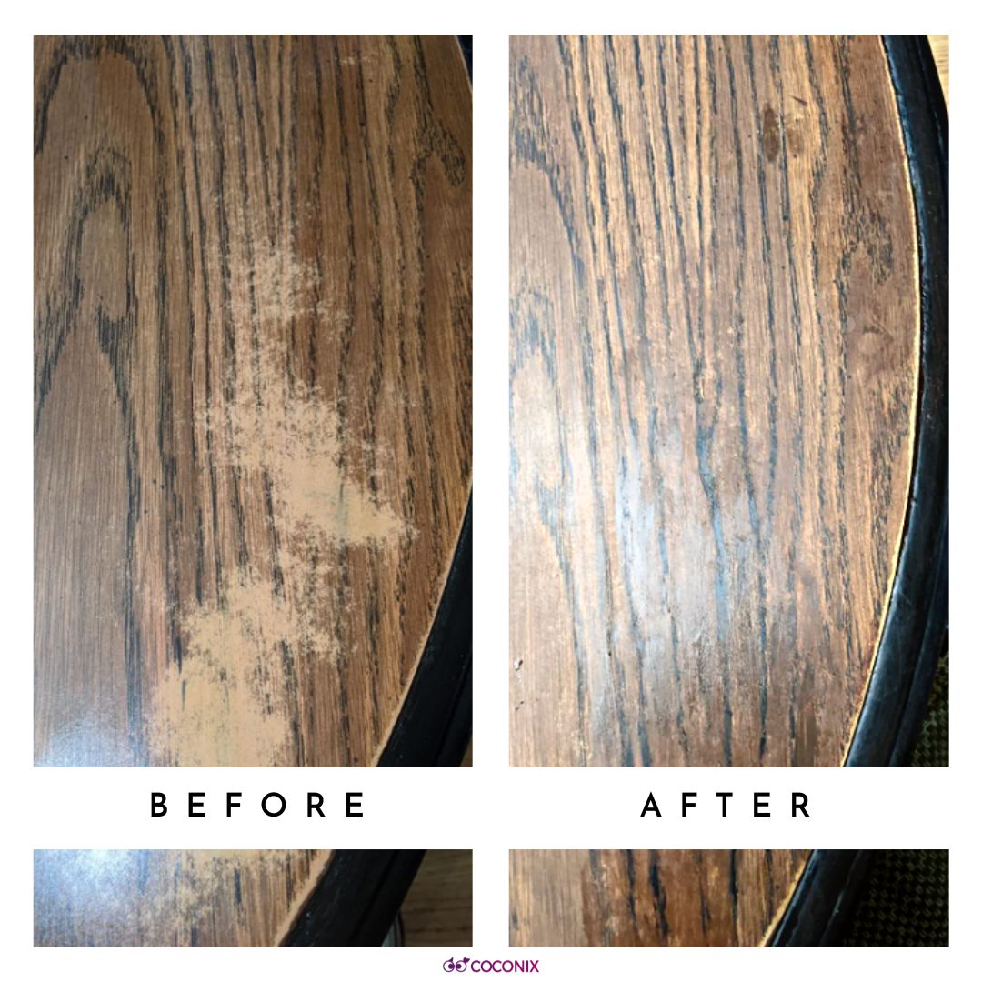 Wood table veneer color repair before and after