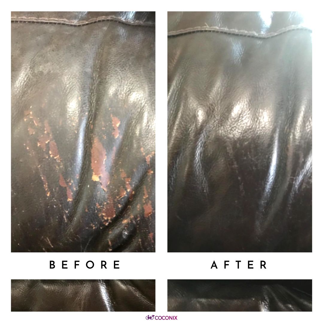 Dog-scratched leather couch repair before and after