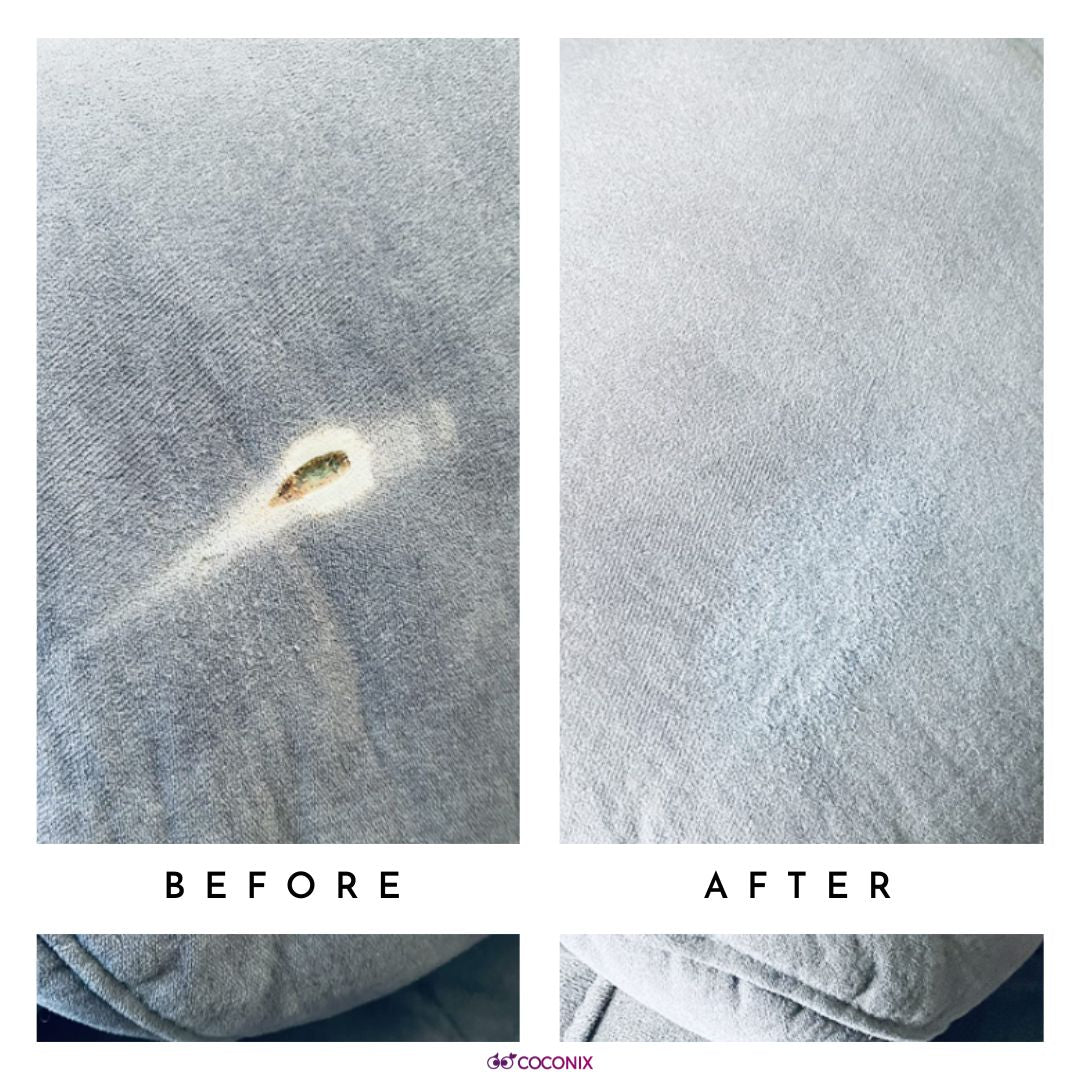 Fabric sofa burn-hole repair before and after
