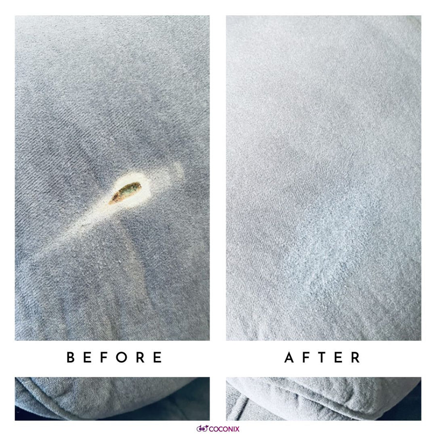 Fabric sofa burn-hole repair before and after