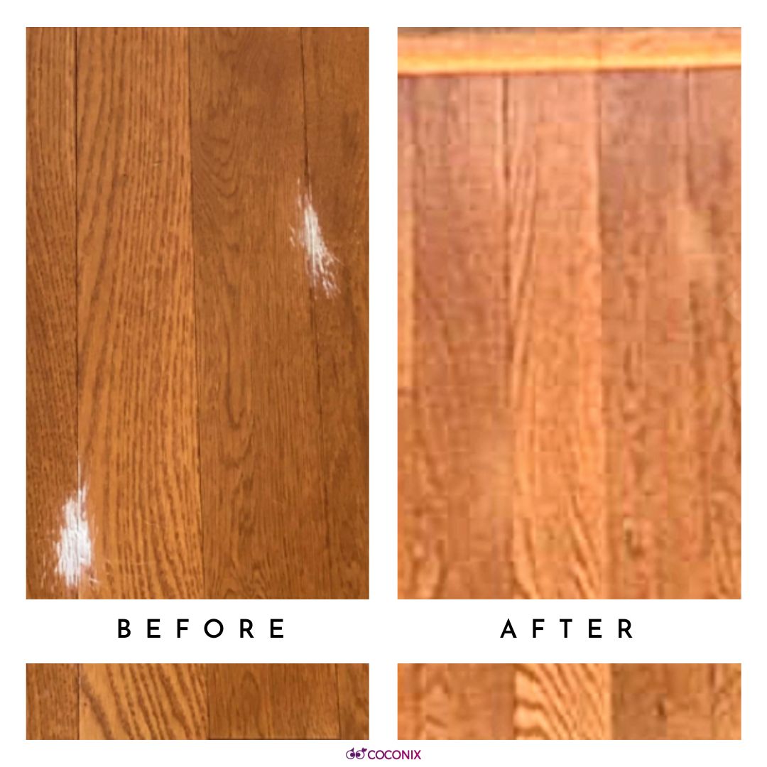 Puppy scratch repair on wood floor before and after
