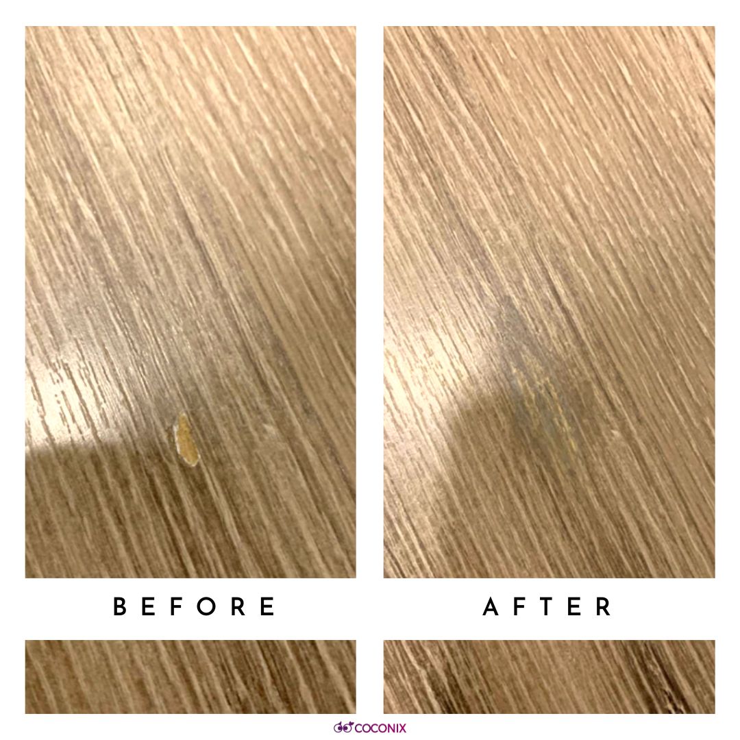 Dented wood floor repair before and after