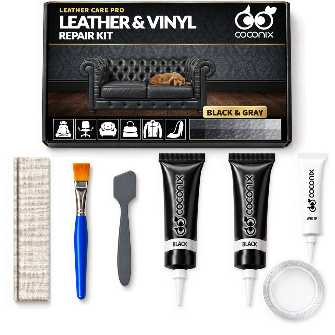 Coconix Leather & Vinyl Repair Kit - Black & Shades — box and complete kit contents
