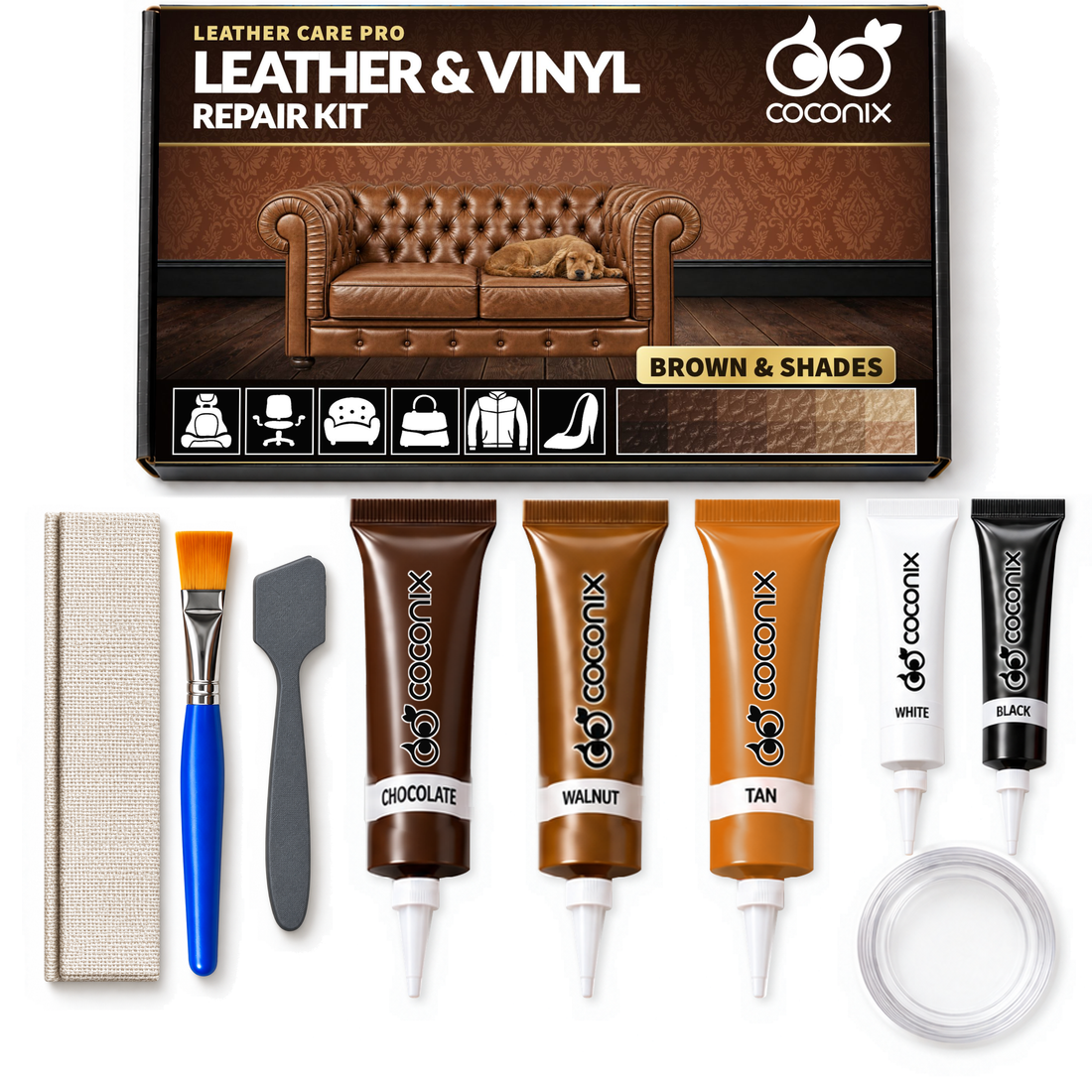 Coconix Leather & Vinyl Repair Kit - Brown & Shades — box and complete kit contents