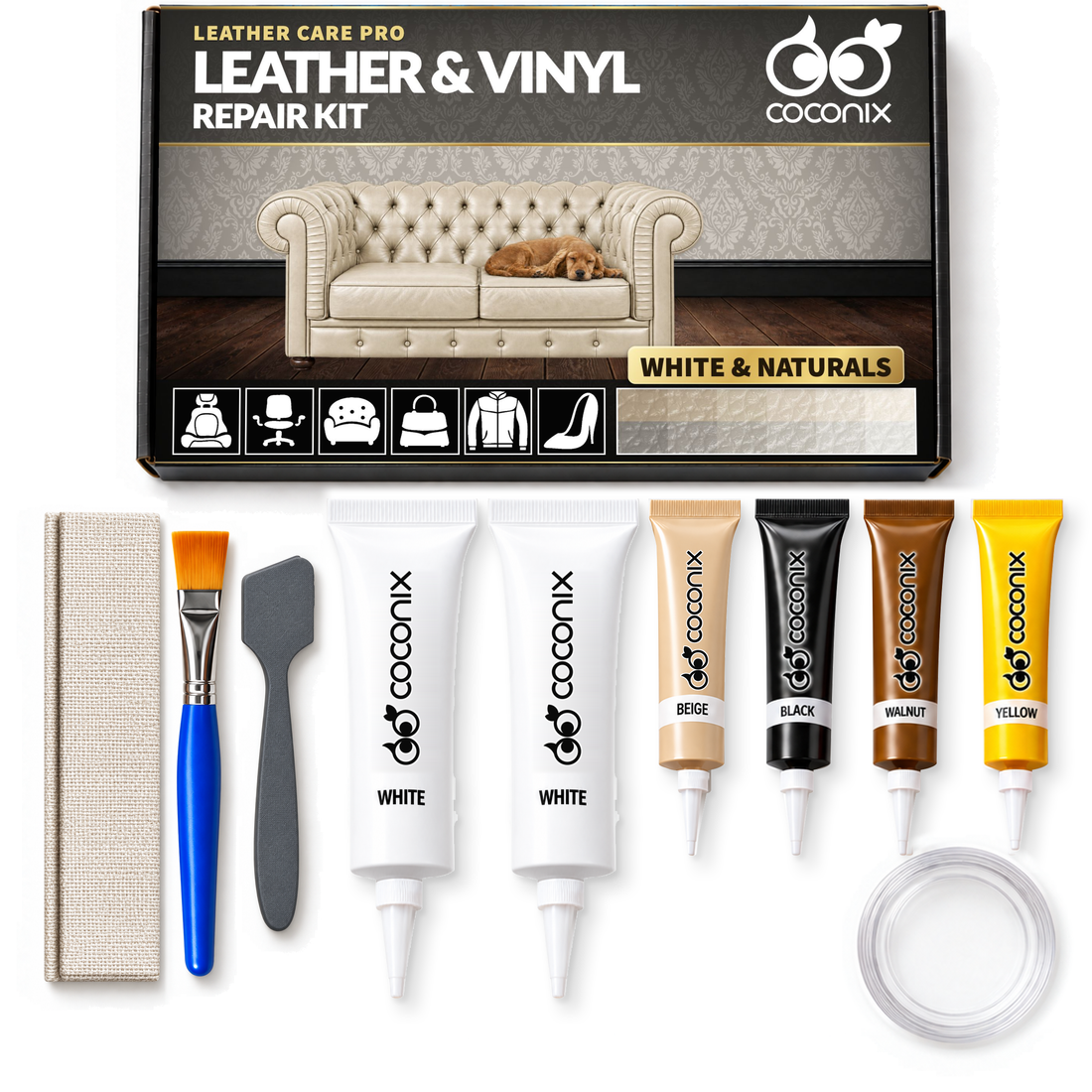 Coconix Leather & Vinyl Repair Kit - White & Shades — box and complete kit contents