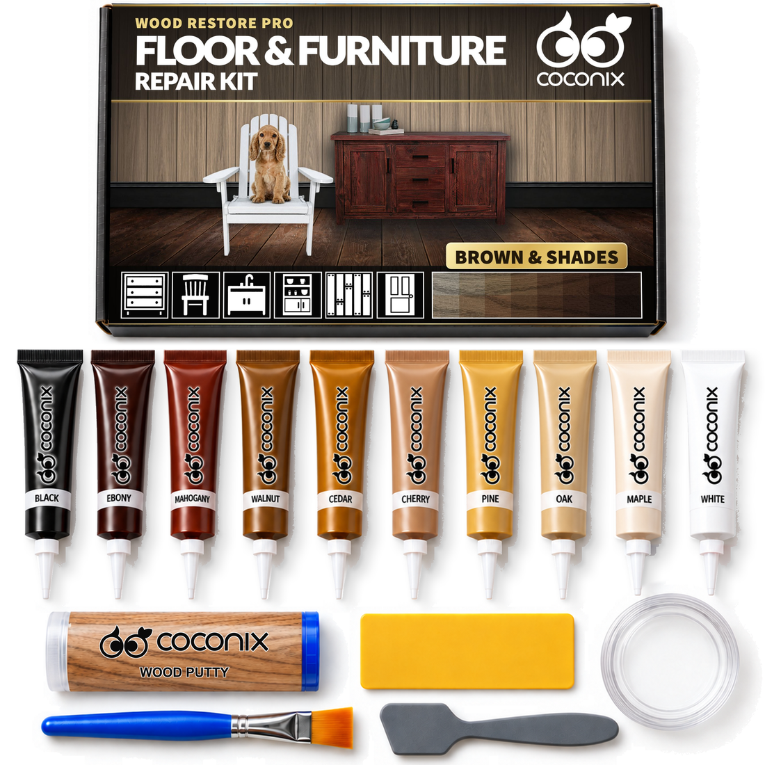 Coconix Floor & Furniture Repair Kit - Brown & Shades — box and complete kit contents