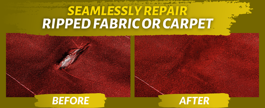 Customer before-and-after examples of repaired cuts, rips and tears in fabric and carpet