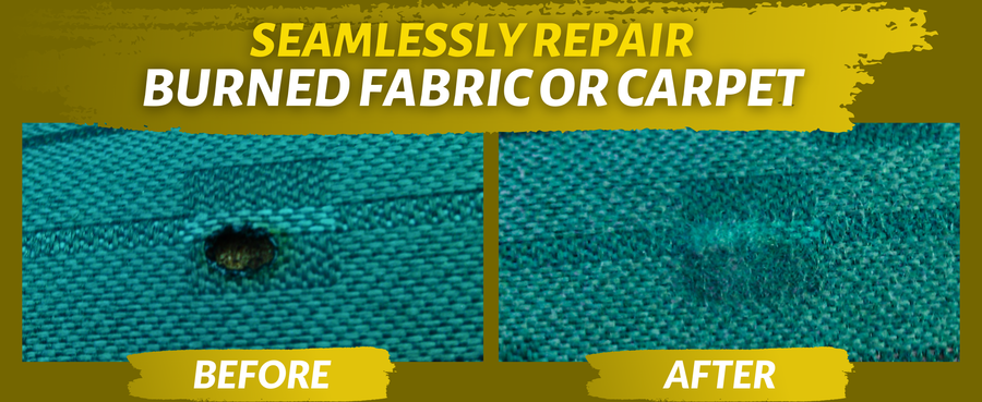Customer before-and-after examples of repaired burns and holes in fabric and carpet