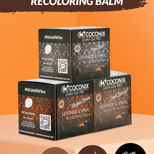 Leather and Vinyl Recoloring Balms - Leather recoloring balm - Vinyl recoloring balm - Coconix Leather and Vinyl Recoloring Balms - Medium Brown, Dark Brown, Pure Black