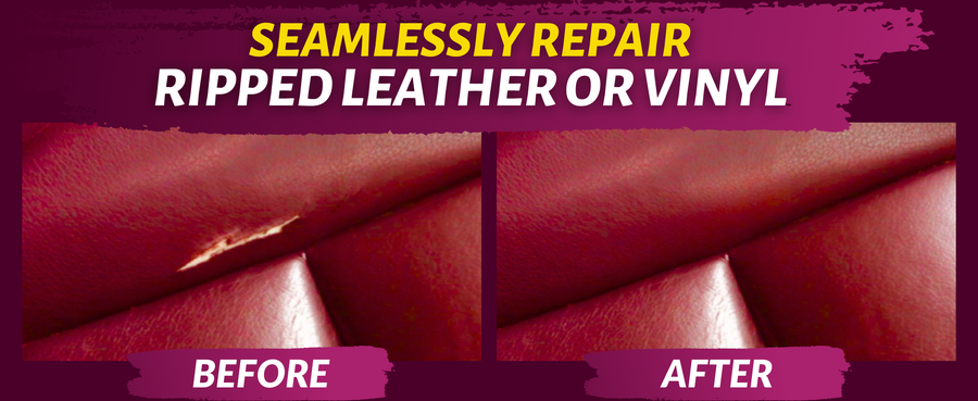 Customer before-and-after examples of repaired cuts, rips and tears in leather and vinyl