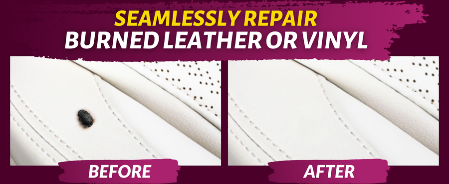 Customer before-and-after examples of repaired burns and holes in leather and vinyl