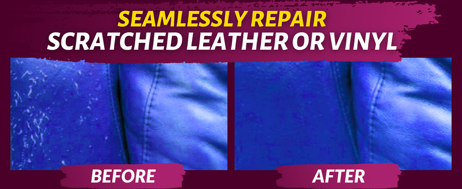 Customer before-and-after examples of repaired scratches and cracks in leather and vinyl