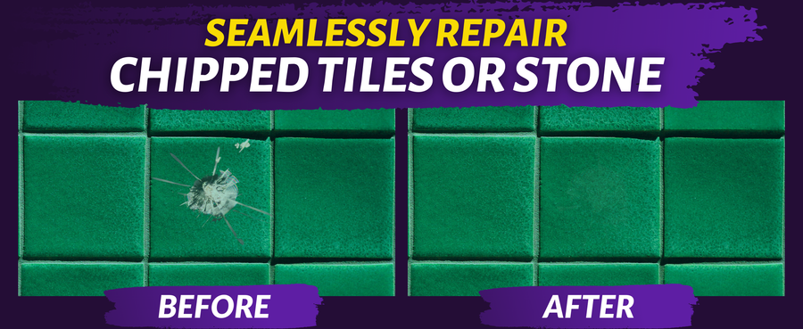 Customer before-and-after examples of repaired chips and holes in tile and stone