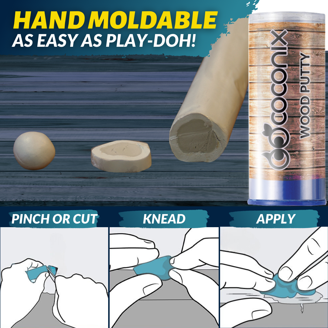 Coconix hand-moldable epoxy wood putty with pinch, knead and apply instructions