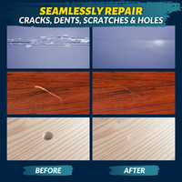Before and after examples of repaired cracks, scratches and holes on wood surfaces