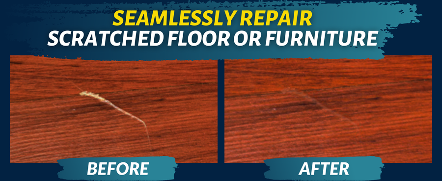 Customer before-and-after examples of repaired scratches and scuffs in wood surfaces