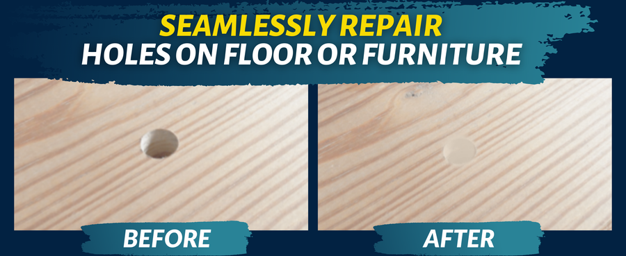 Customer before-and-after examples of repaired holes and missing material in wood surfaces