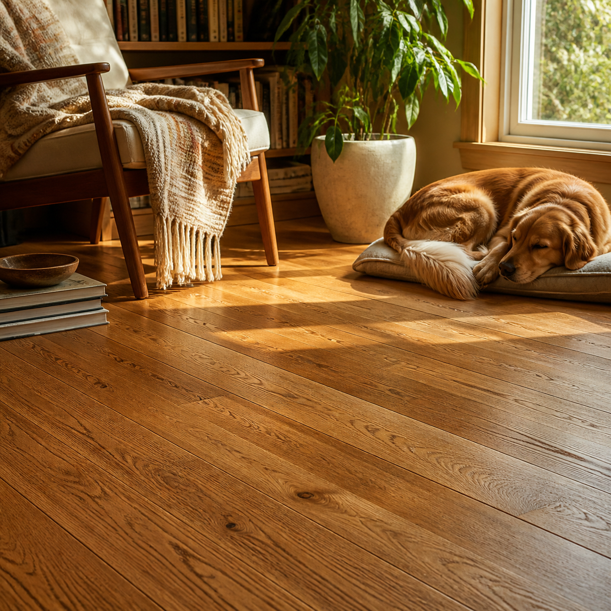 Warm oak hardwood floor in a sunlit reading room with a resting dog