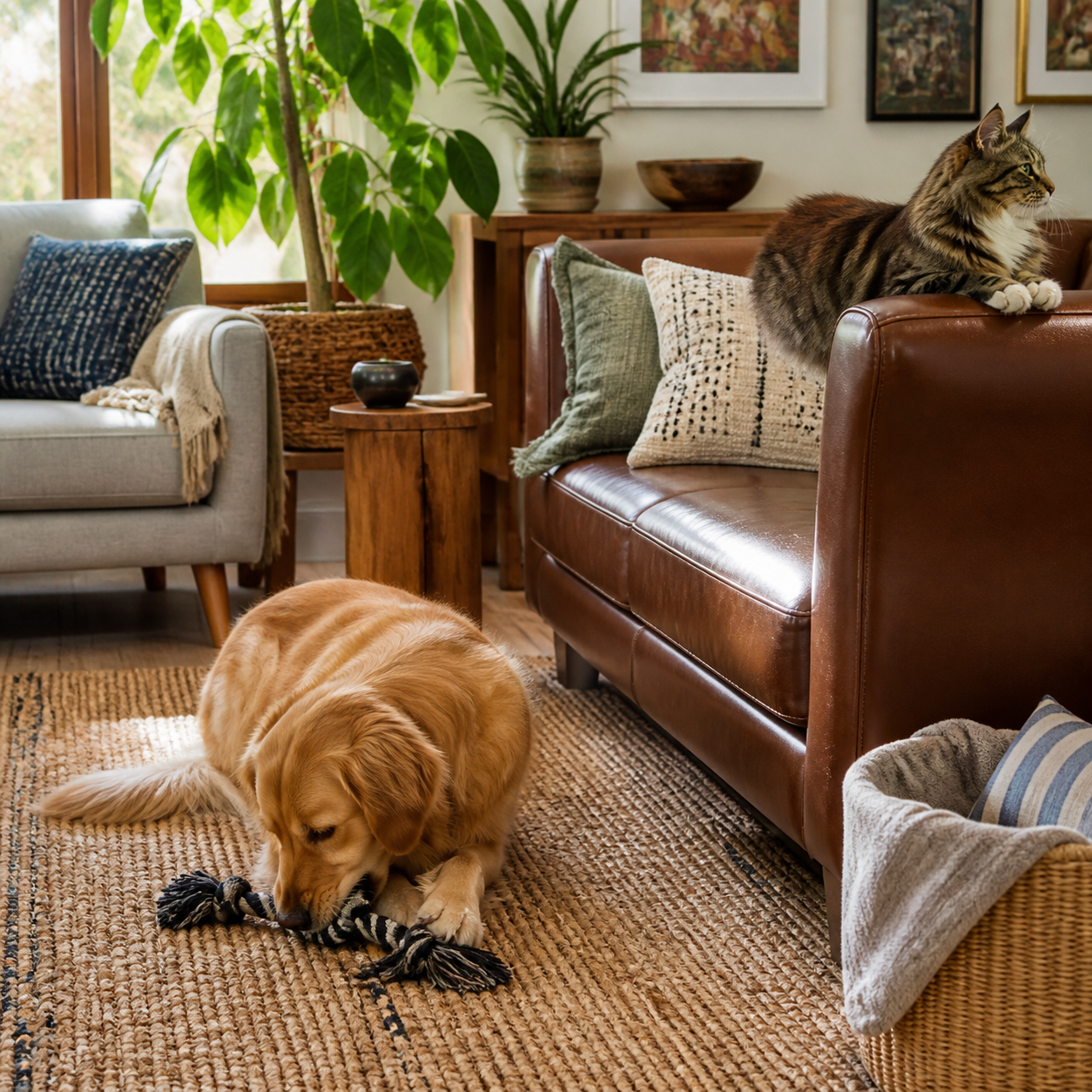 Dog and cat in a pet-friendly room with leather, fabric, rug and wooden furniture