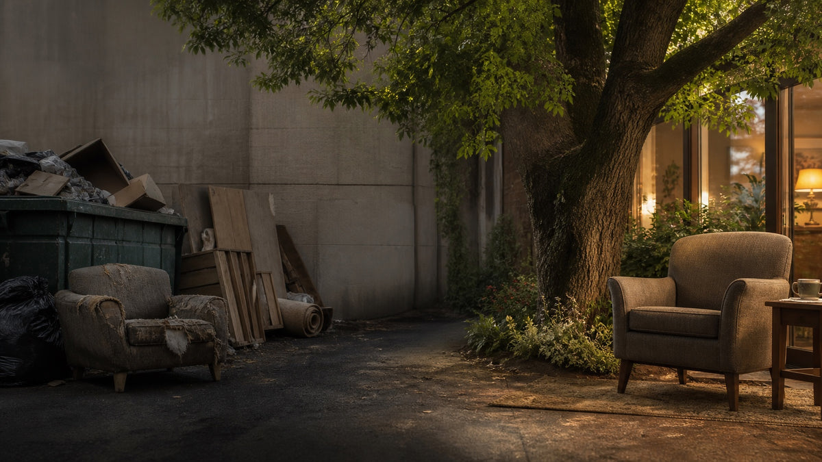 A discarded worn chair transitions into a restored chair beside a healthy mature tree