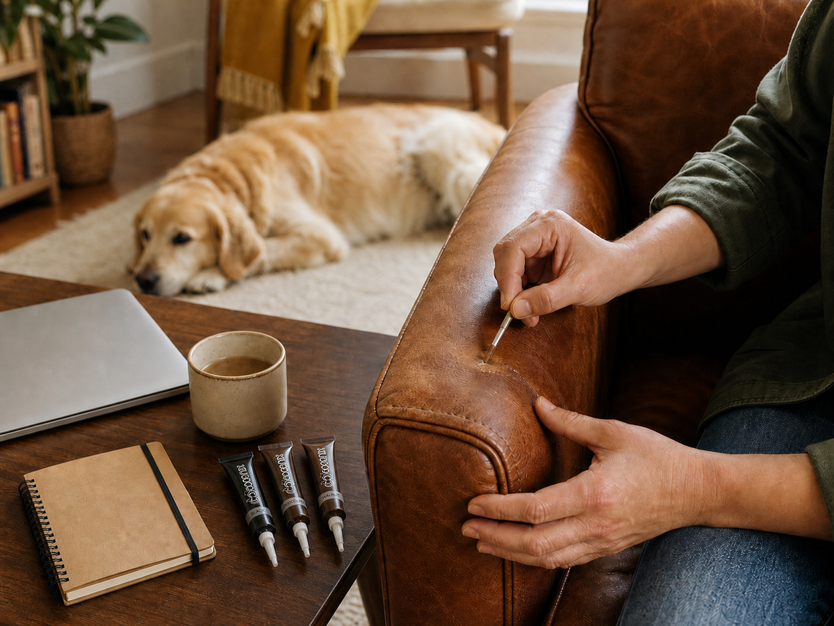 Hands repairing a worn leather chair with three current Coconix Mix & Match leather repair tubes on the table