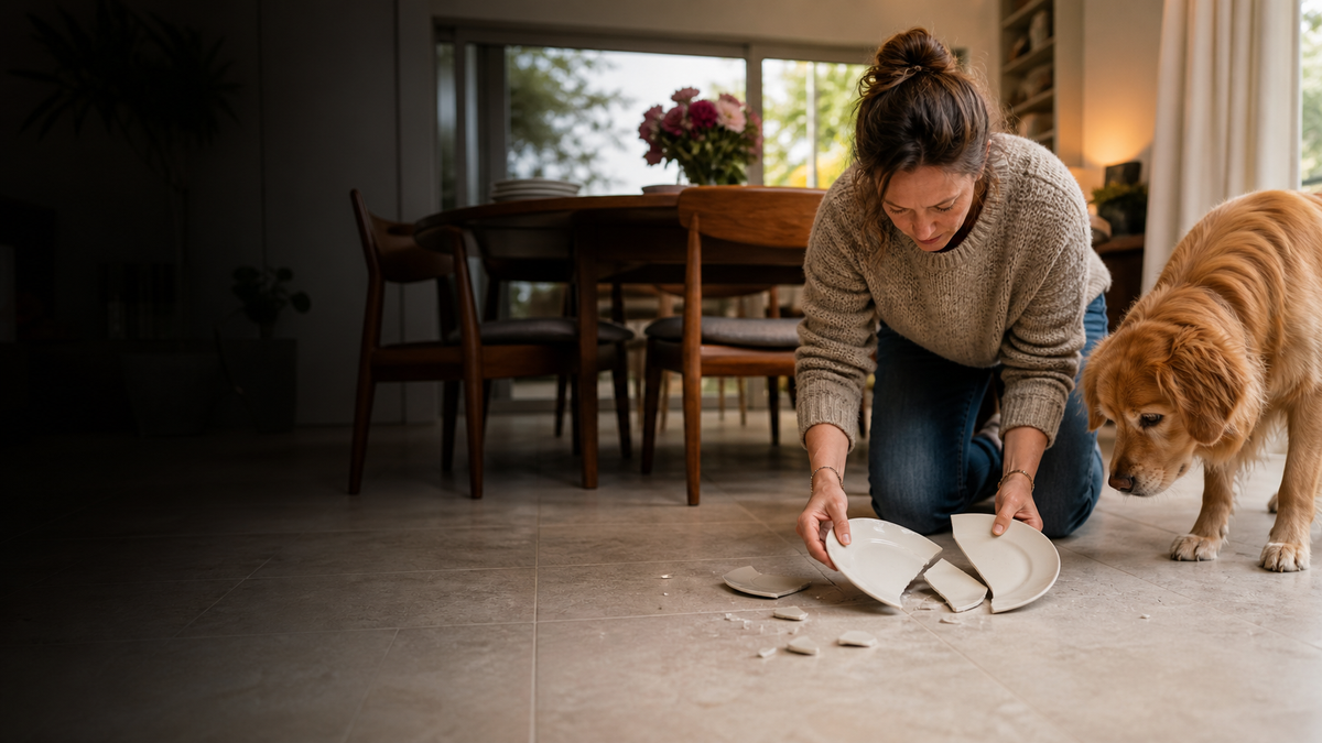 A woman and her dog beside a dropped plate in a lived-in family dining room