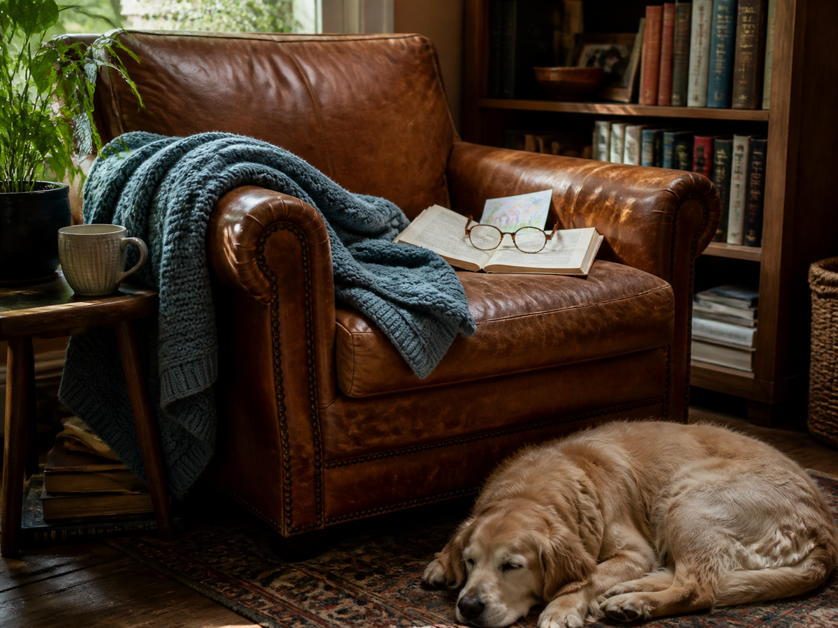 A well-loved leather reading chair surrounded by the objects and pet that make it part of home