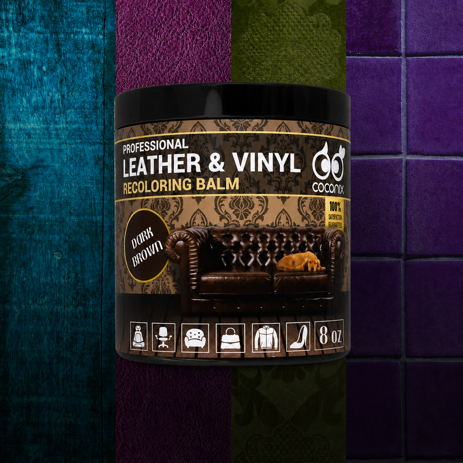 Coconix Dark Brown Leather and Vinyl Recoloring Balm on a colorful material background