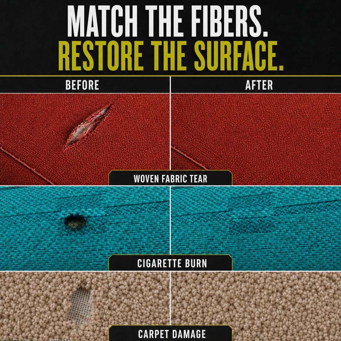Before and after woven fabric tear, cigarette burn and carpet damage repairs with the Coconix Fabric & Carpet Repair Kit