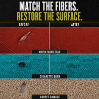 Before and after woven fabric tear, cigarette burn and carpet damage repairs with the Coconix Fabric & Carpet Repair Kit